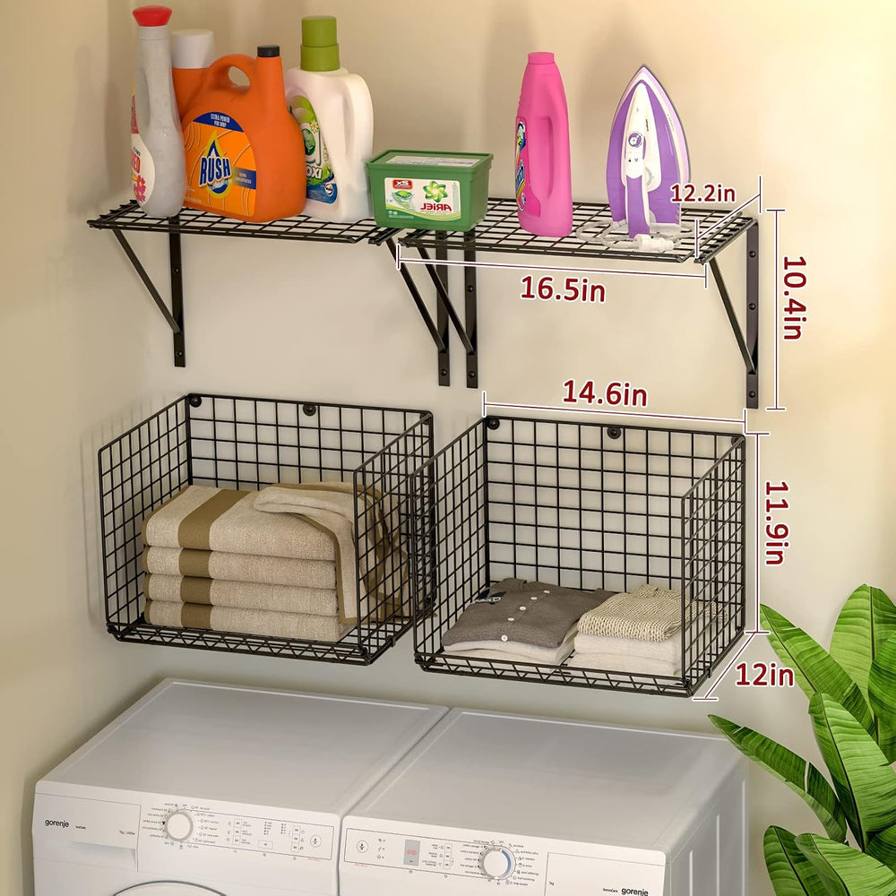 3IngSeagulls 2 Pack Laundry Room Shelves, Wire Baskets with 8 Hooks, Over Was...