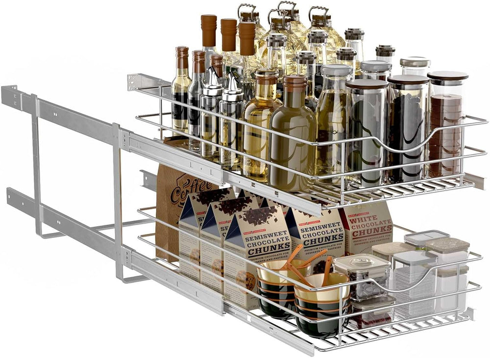 2 Tier Pull Out Cabinet Organizer,(14½"W x 22" D) Soft Close Slide ...