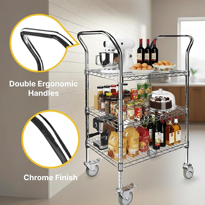 Northsky 3-Shelf Wire Utility Cart on Wheels, Chrome Finish Rolling Metal - Image 4