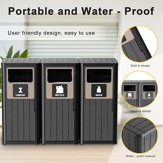 Outdoor Three Barrel Trash Can, Waterproof Resin Garbage Can - Image 6