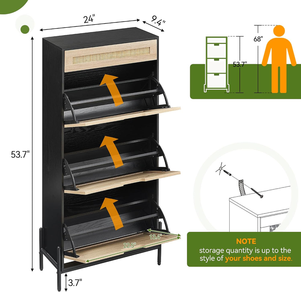 IDEALHOUSE Natural Rattan 3 Flip Door with 1 Drawer Shoe Cabinet Organizer Fr...
