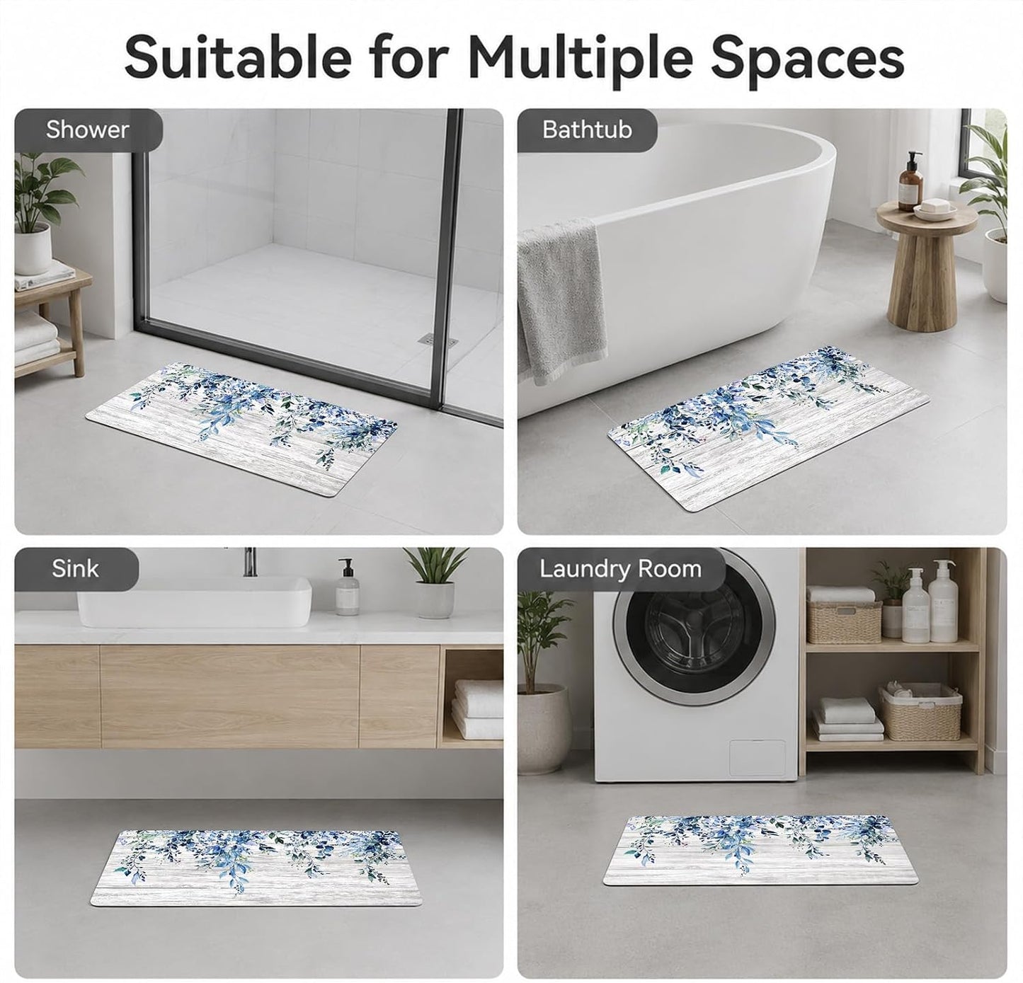 Blue Eucalyptus Long Bathroom Rugs Non Slip Super Absorbent Quick Dry Ultra Thin Diatomaceous Earth Bath Mat Watercolor Plant Leaves with Floral Diatomite Bath Mats for Bathroom 39''x16''