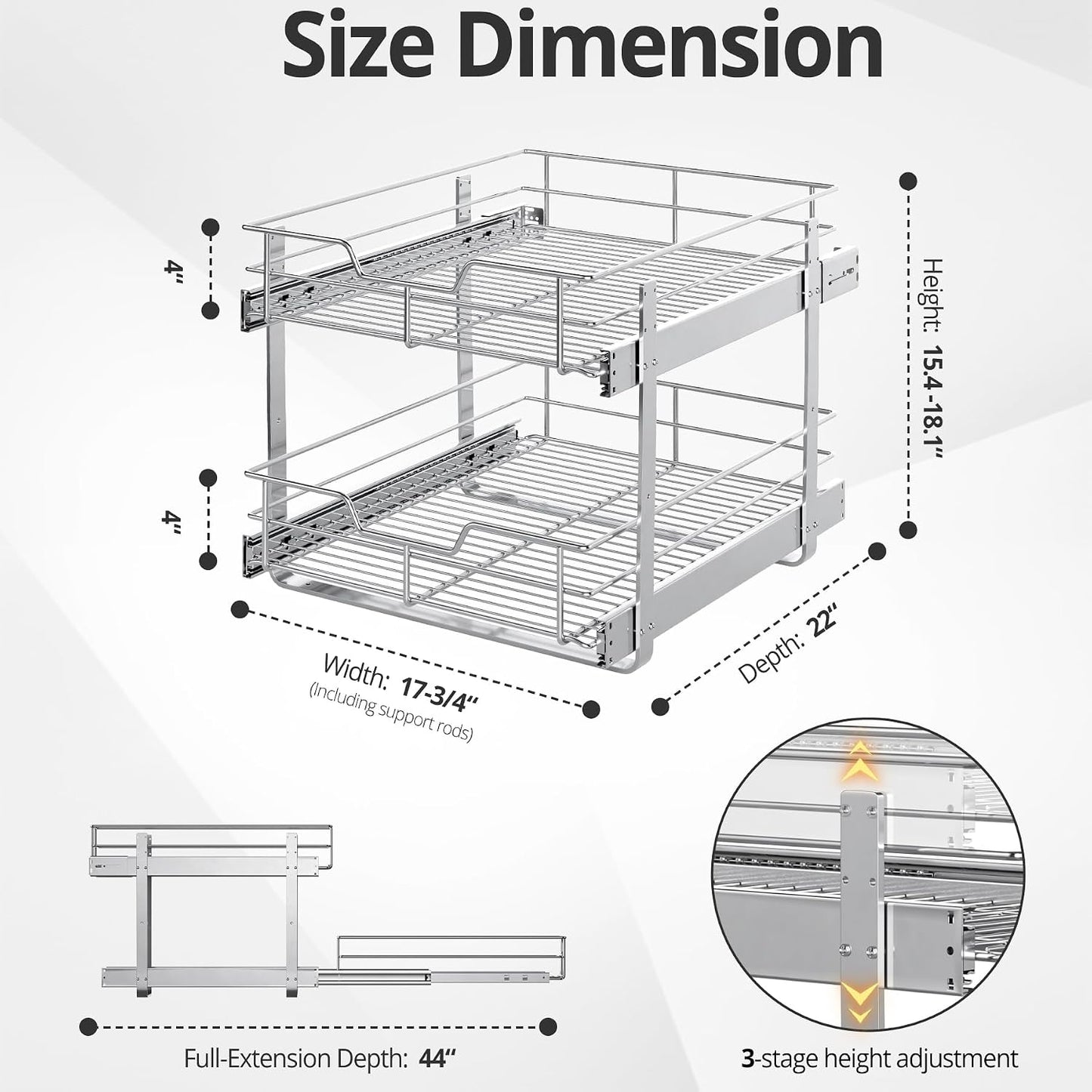 ZOINLIY Pull Out Cabinet Organizer,Slide Out Kitchen Organizers and Storage | Heavy Duty Drawer Cupboard Storage Basket, Smooth Sliding, Chrome Finish (2-Tiers-17¾''W×22“D)