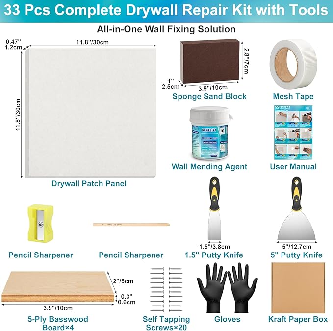Drywall Repair Kit with 12"x12" Dry Wall Repair Panel, 33-in-One Drywall Patch - Image 2