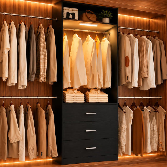 Wooden Closet System With LED Light 11FT Closet Organizer with 3 Wooden Drawers Walk-in Closet Organizer System with Tower and 4 Extendable Hanging Rods Black