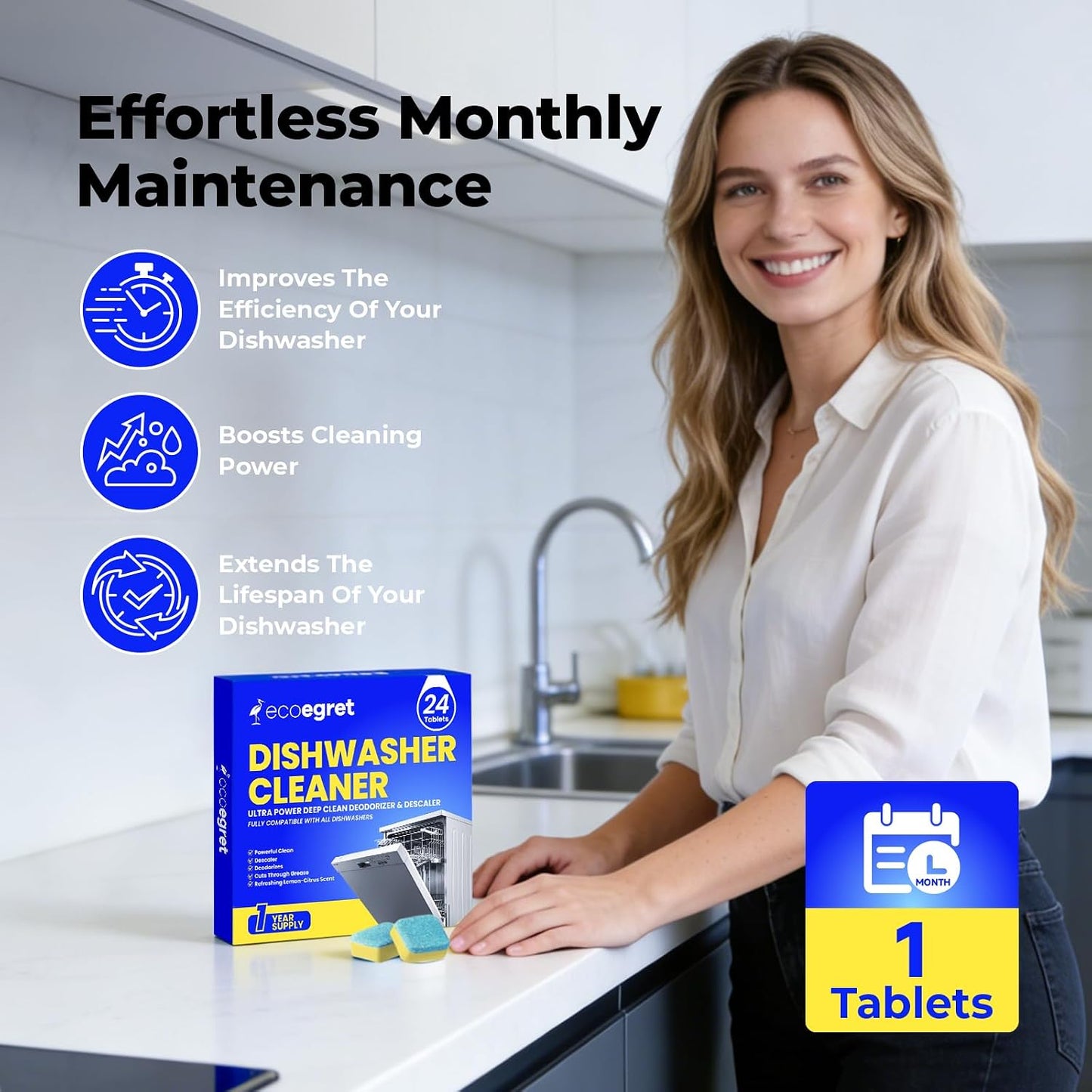 Dishwasher Cleaning Tablets (24 Count) - with Fresh Lemon Scent Dishwasher Cleaner and Deodorizer, Deep Cleans & Descales, Fits All Dishwashers, Septic Safe, 12 Month Supply