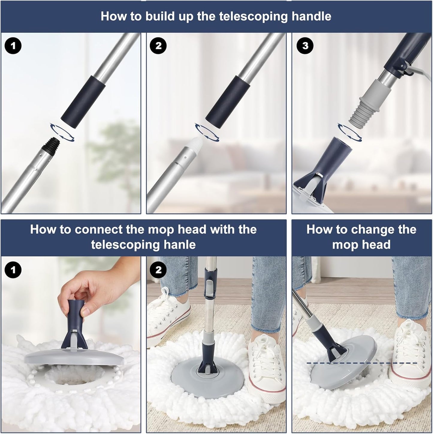 Spin Mop and Bucket Set 180° Swivel Mop Head Adjustable Telescopic Handle Dual Chamber Bucket 3 Refills Dual-Action Wringing Hand-Press Foot-Peda Hands-Free Self-Cleaning System for All Floor Types