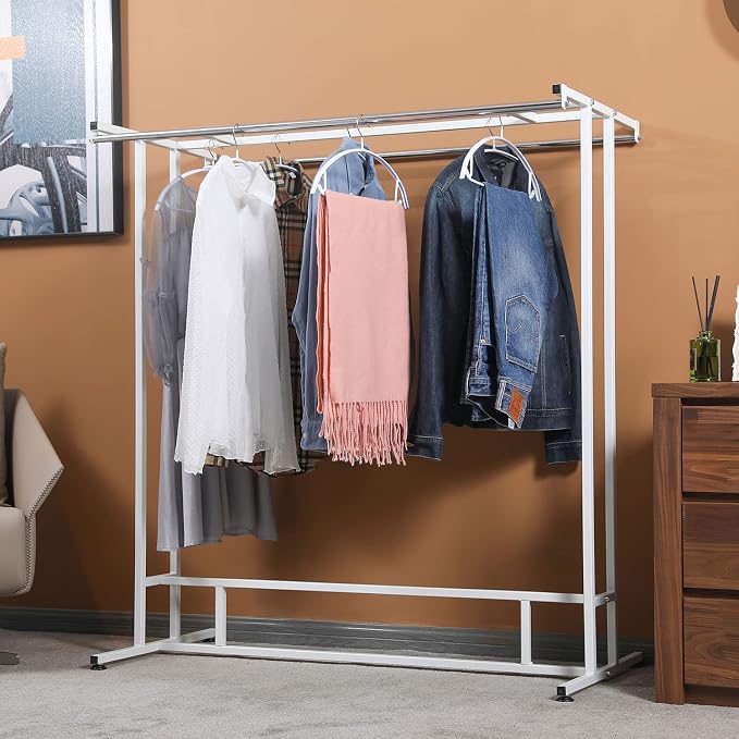 MyGift White Stainless Steel Freestanding Garment Rack, Heavy Duty Double Rod