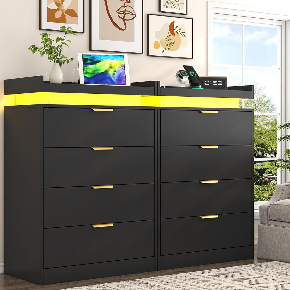 UNIQUITE Black Dresser with LED Lights and Power Outlet, Wooden 4 Drawer Dres...
