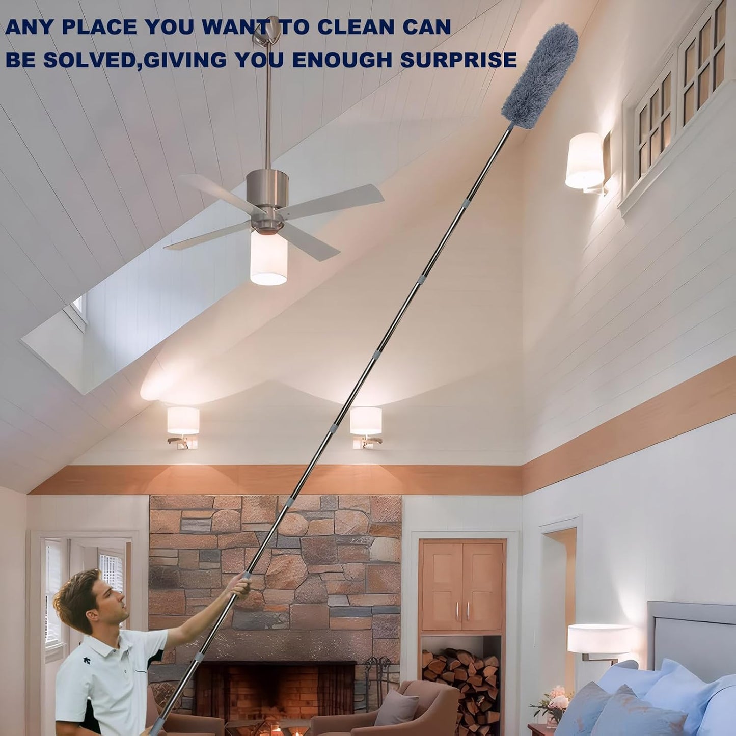 20+ Ft High Reach Ceiling Fan Duster & Cobweb & Corner Brush Duster with 3-14 ft Spliceable Pole Microfiber Feather Duster for Spider Web, High Ceiling, Blinds, Furniture Cleaning Tool Kit