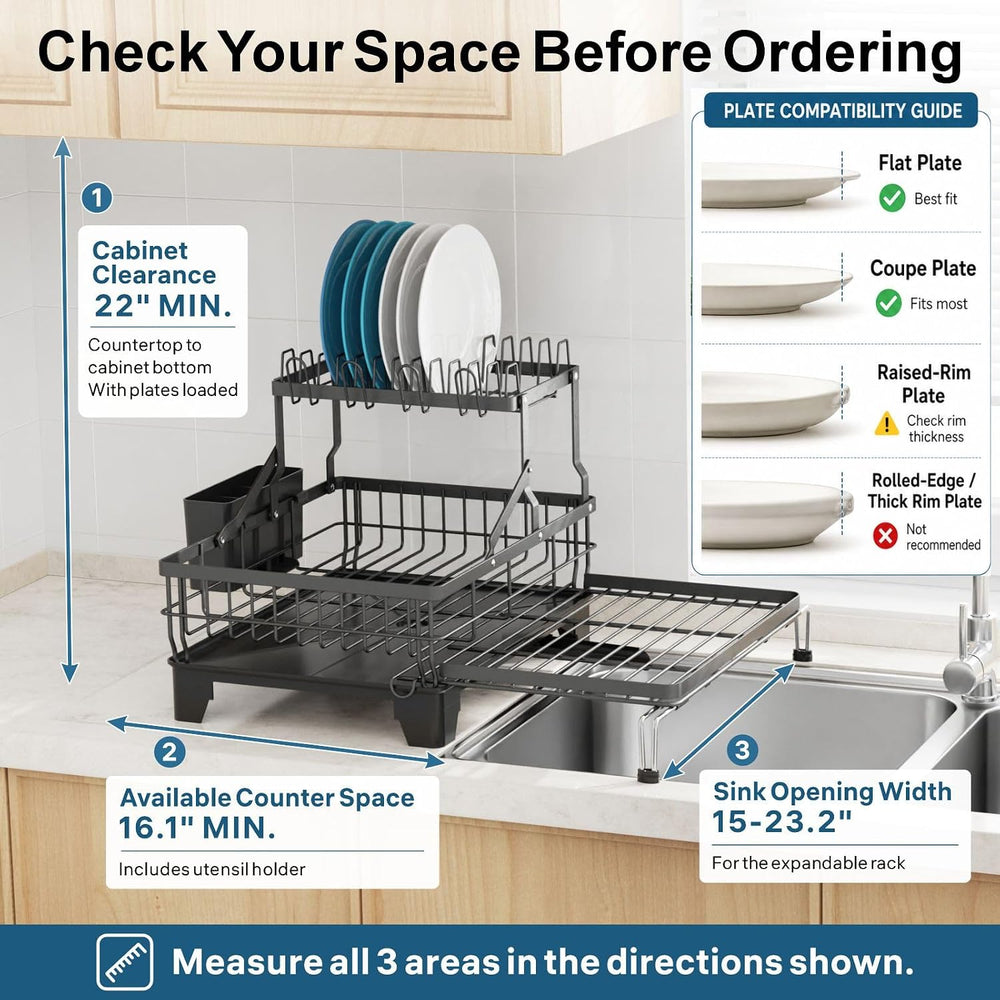 GSlife Large 2 Tier Dish Drying Rack - Expandable Over Sink & Counter Use