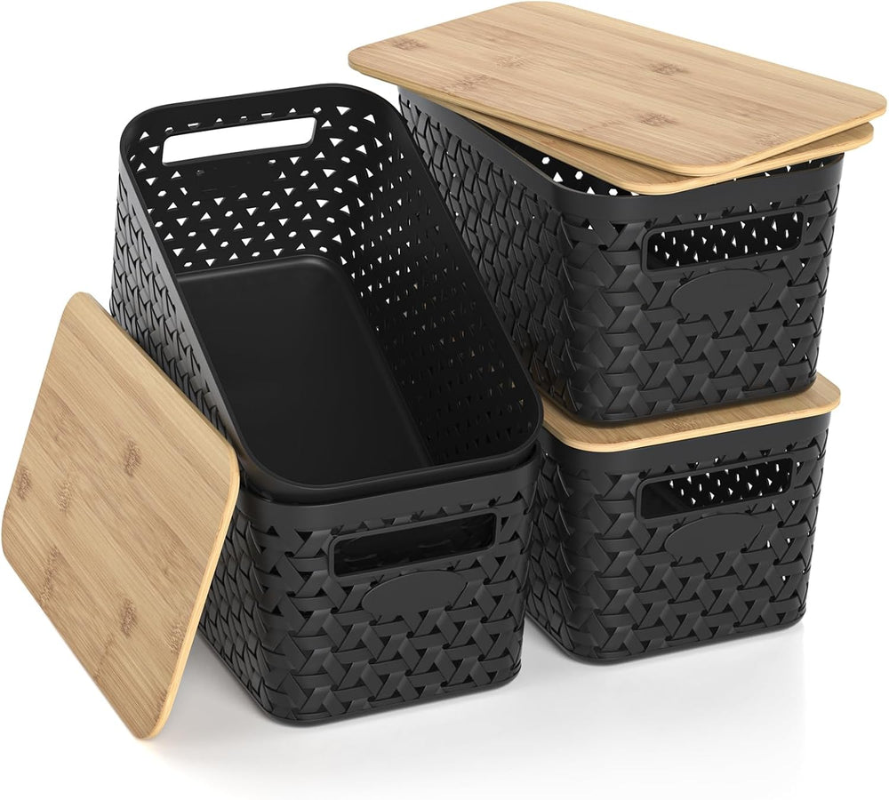 Plastic Storage Bins with Bamboo Lids, Stackable Small Box Baskets for Organi...