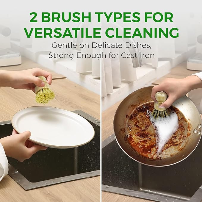 Bamboo Dish Brush Set of 3-100% Plastic Free Kitchen Scrubber - Image 4