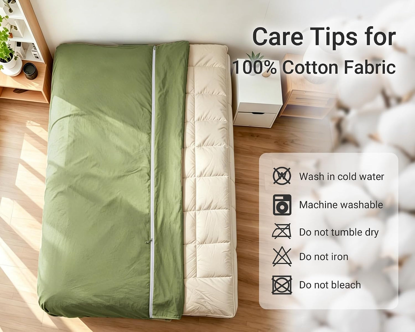 100% Cotton Futon Mattress Cover, Washable Japanese Floor Bed Protector with Zipper, Dust‑Proof Replacement Slipcover for Tatami Mat, Fits Up to 4-Inch Thick Mattresses, Full/Queen
