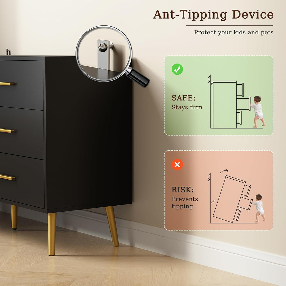 Black 6 Drawer Dresser for Bedroom, 47" Wood Dresser with Gold Handles.