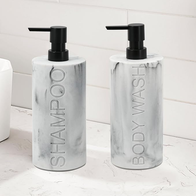 Marble Resin 2 Piece Shampoo and Body Wash Dispenser Set, Luxurious Refillable - Image 3