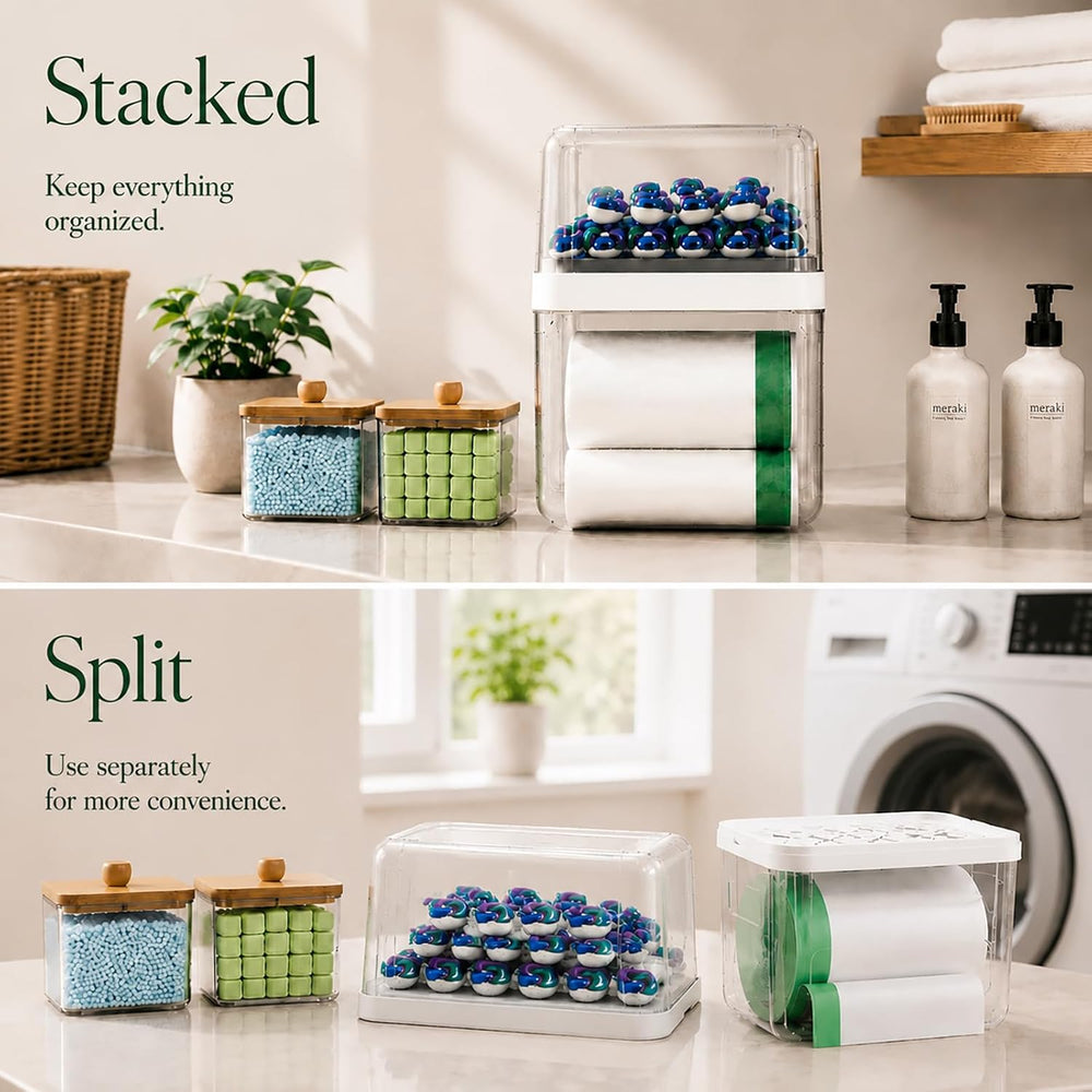 Trash Bag Holder & Dishwasher Pod Dispenser with 2 Bamboo Lid Storage Con...