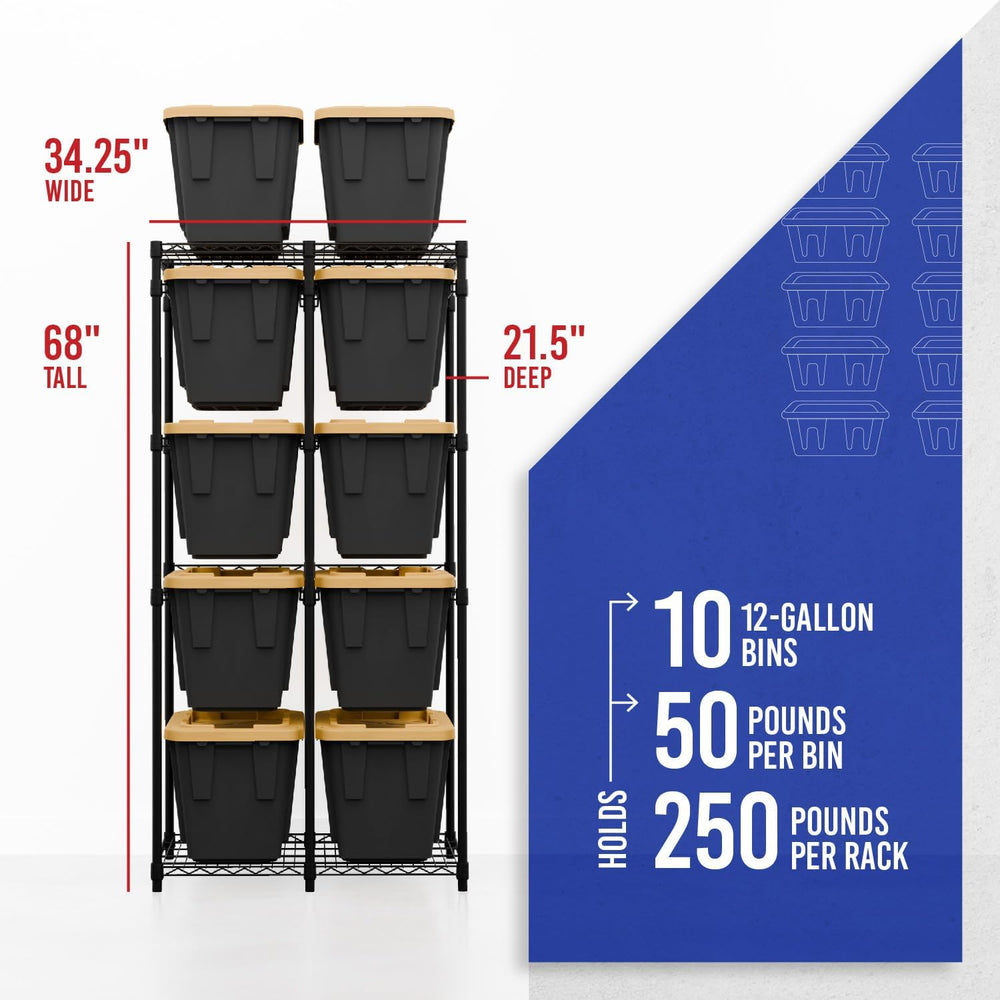 SafeRacks Bin Storage Rack with 10 Bins, 12-Gal Totes, Black