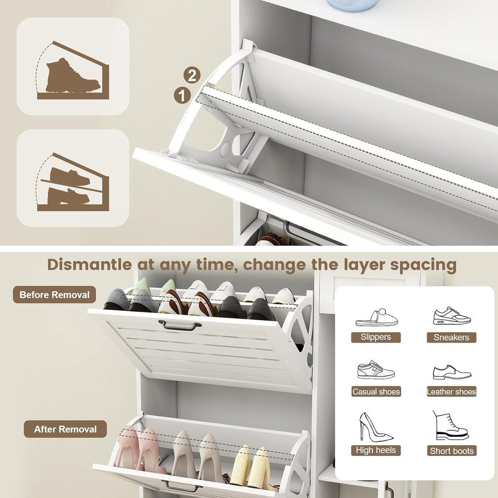 Shoe Storage Cabinet with 3 Flip Drawers, Freestanding Hidden Wooden Shoe Sto...
