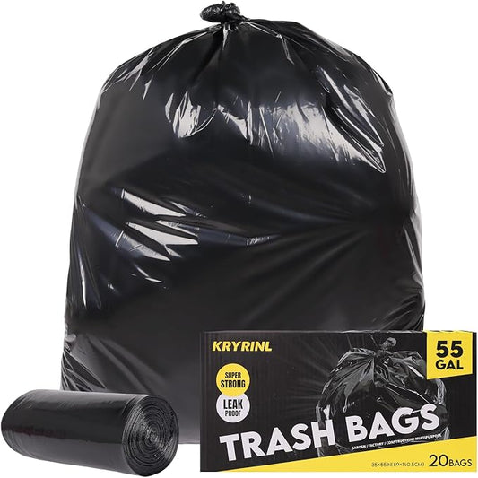 Heavy Duty Extra Large 55 Gallon Black Trash Bags, 1.92 Mil Industrial Garbage by Kryrinl