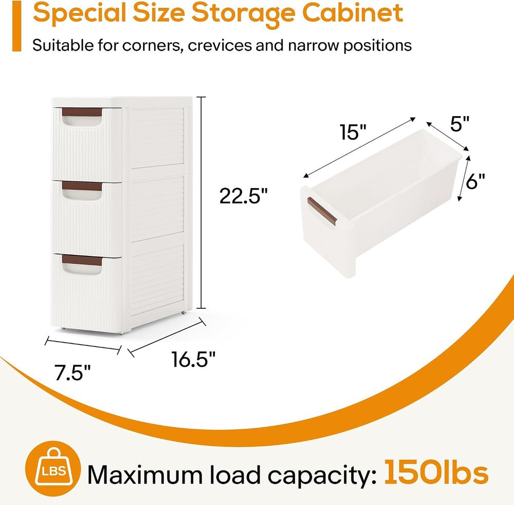 3 Drawer Slim Bathroom Cabinet, Narrow Rolling Cart Organizer, White