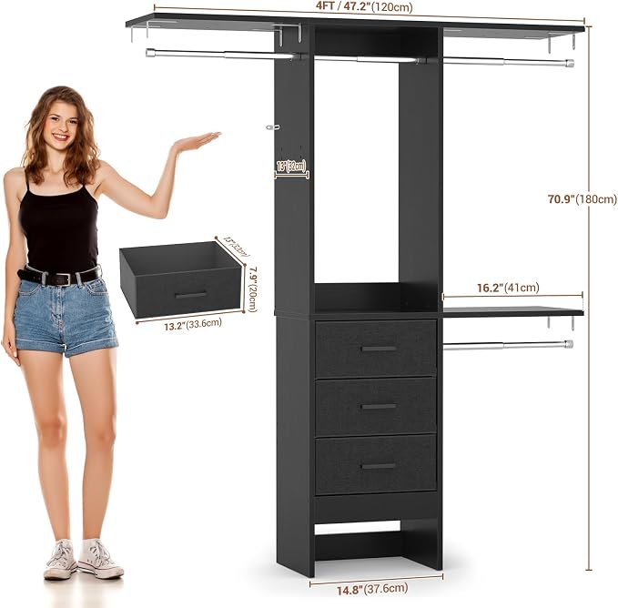 4FT Small Closet System with 3 Fabric Drawers, Flexible Built-In Clothes - Image 6