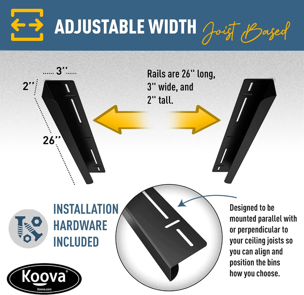 Koova Heavy-Duty Overhead Garage Storage Rack for 4 Bins. Adjustable Width, 1...