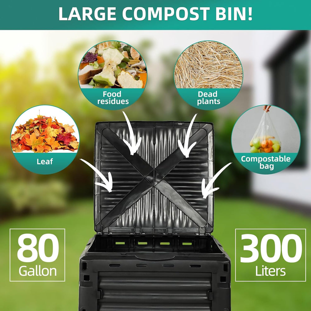 80 Gallon Large Compost Bin Outdoor - 300L High Capacity Composter with Top F...