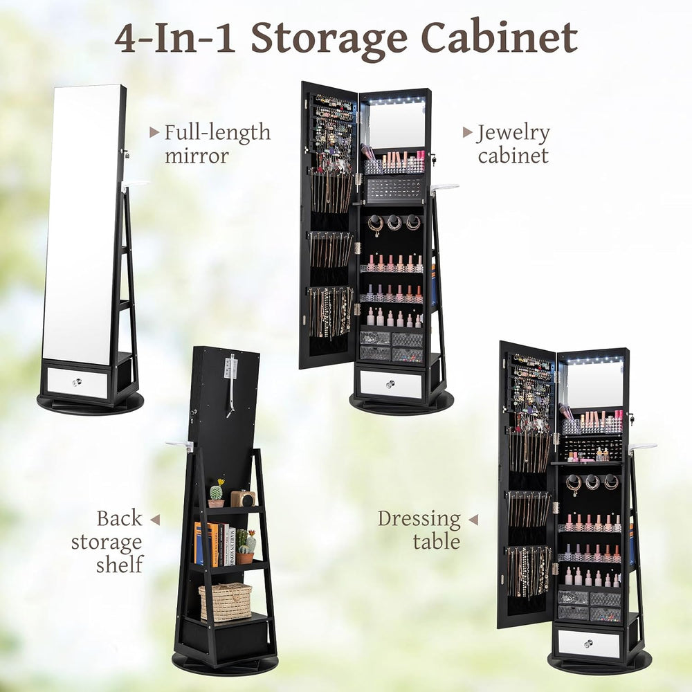 GOFLAME 360 Rotating Jewelry Cabinet with Full Length Mirror, Standing LED Je...