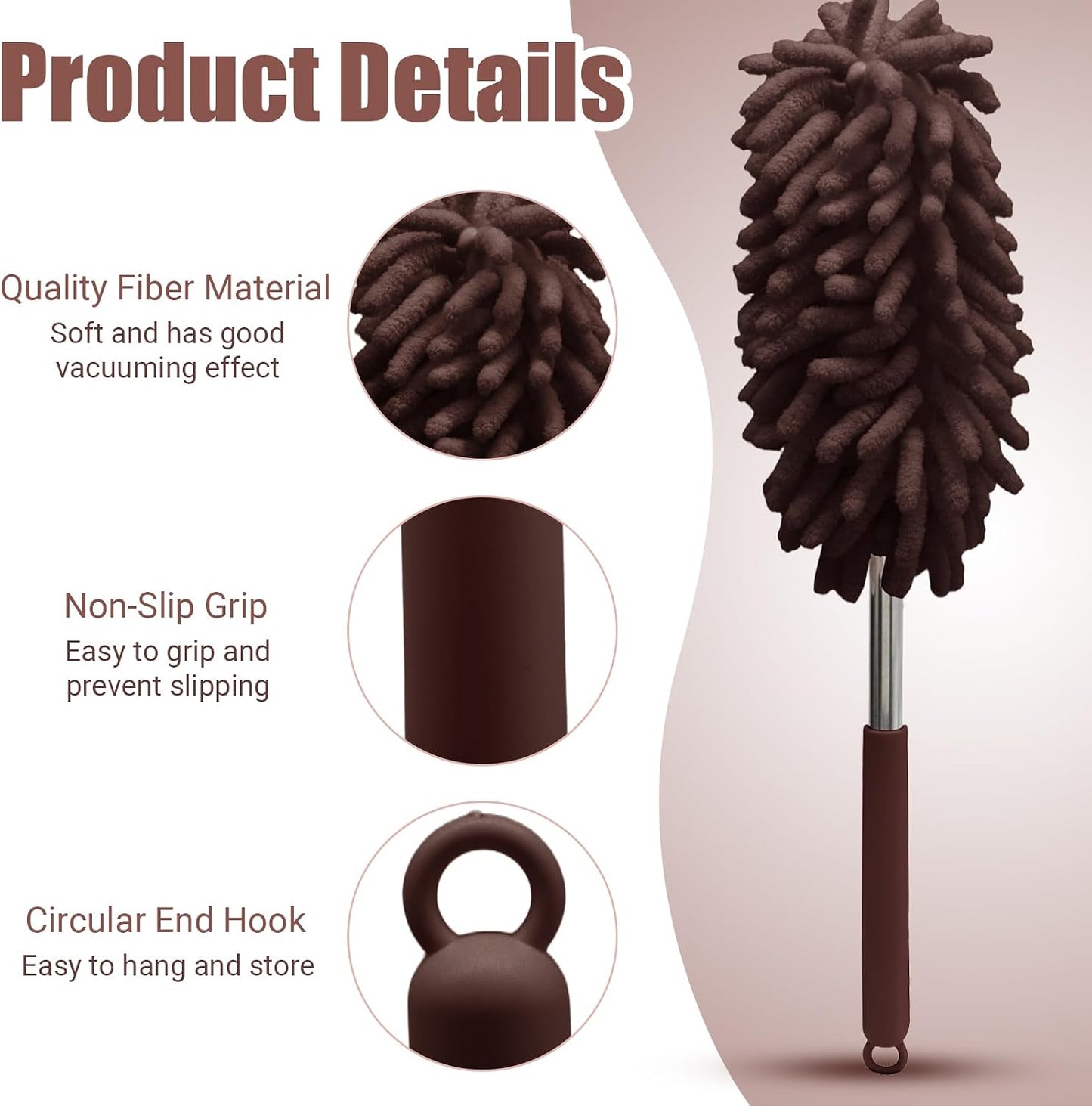 2 Pack Car Interior Duster, Brown Retractable Cleaning Tool, 12 to 31 Inch Extendable Pole with Bendable Head, Soft Chenille Dusting Brush for Auto, Home, Office & Furniture
