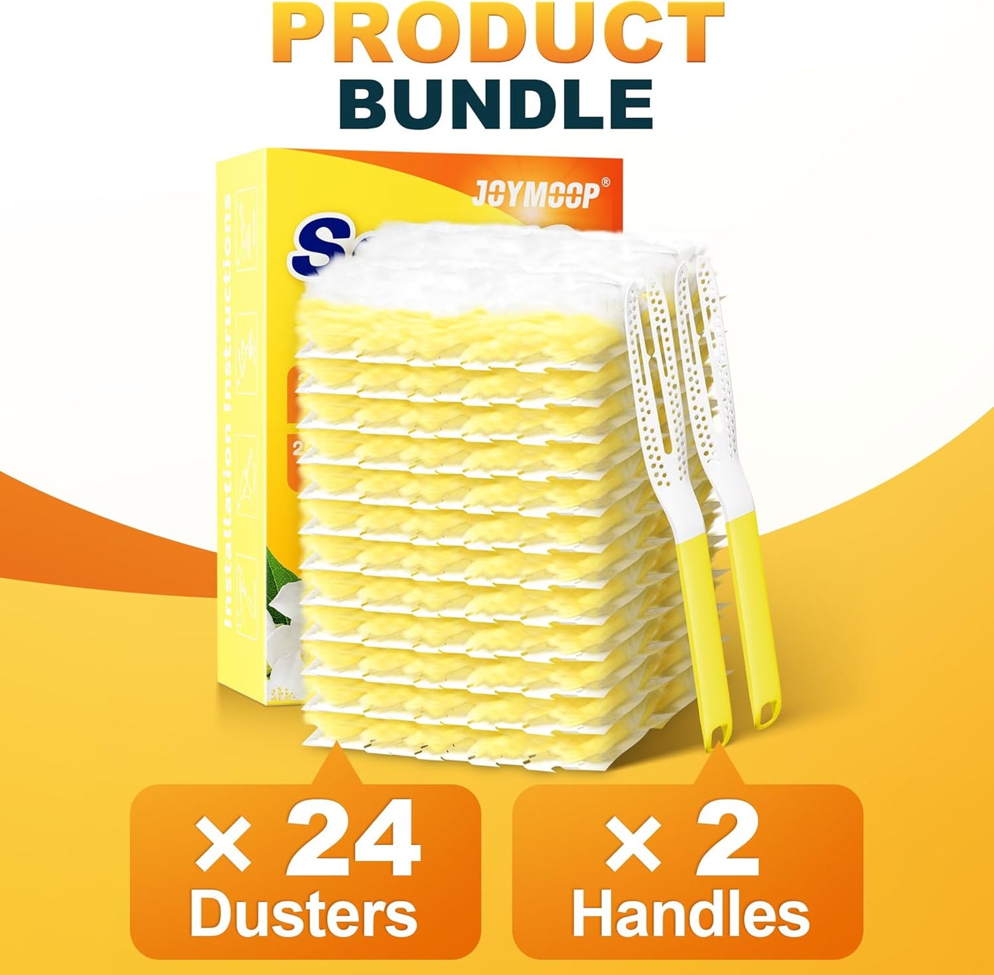 JOYMOOP Disposable Electrostatic Duster for Cleaning, with 2 Handles & 24 Ct Yellow Heavy Duty Refills for Swiffer Feather Duster, Household Cleaning Tool for Electronics, Dusting Furniture, Blinds