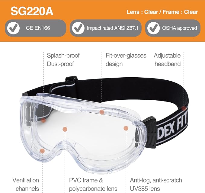 DEX FIT Protective Safety Goggles SG220A; OTG Over Glasses Fit, Anti Fog & - Image 2