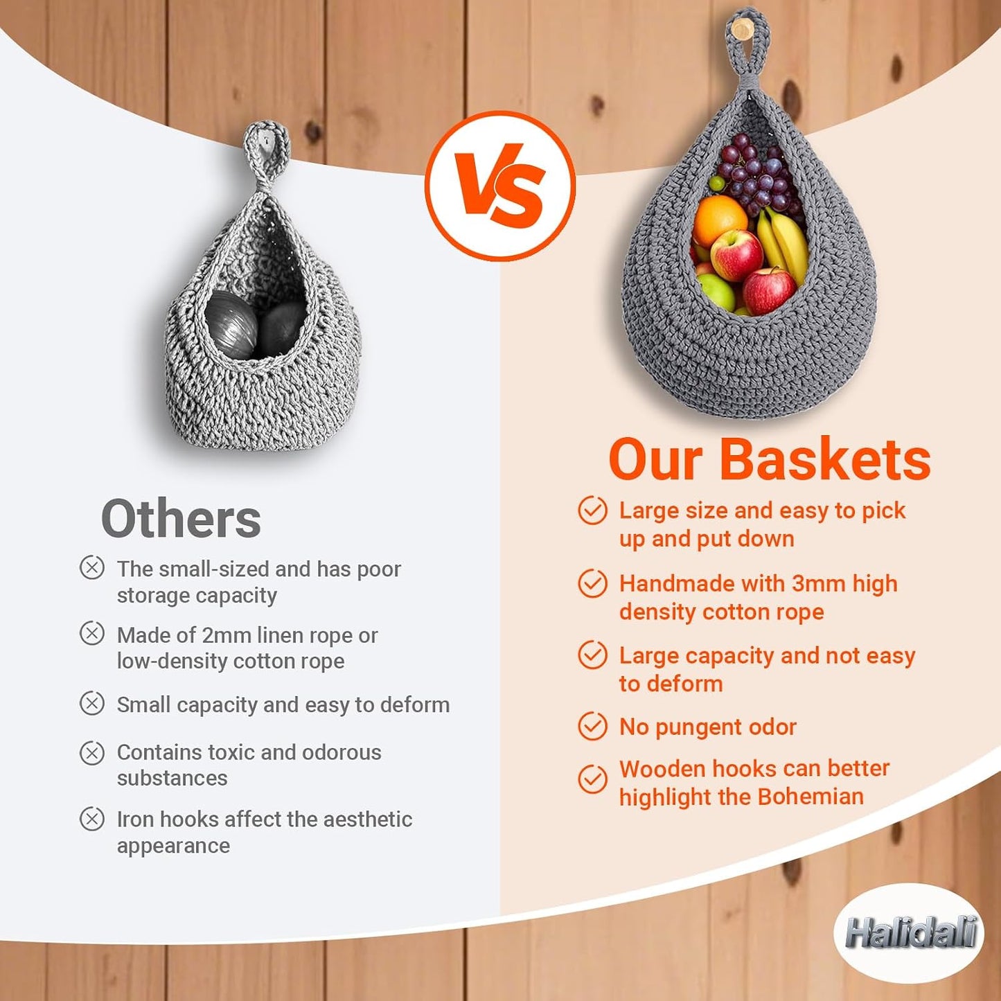 Halidali Hanging Fruit Baskets for Kitchen, 3 Pack Wall Storage Organizer | Boho Cotton Rope Handwoven Vegetable Basket for Farmhouse Decor, Storage Onion, Potato, Garlic