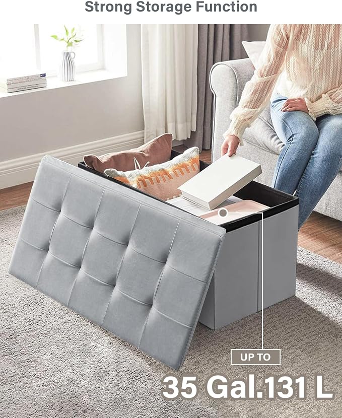 Folding Storage Ottoman, Velvet Storage Bench, Removable Divider, - Image 3