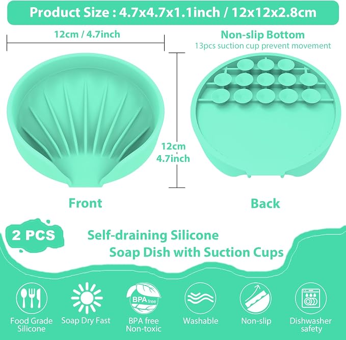 Self Draining Soap Dish, Silicone Suction Cup Soap Holder Tray Savers Container - Image 3