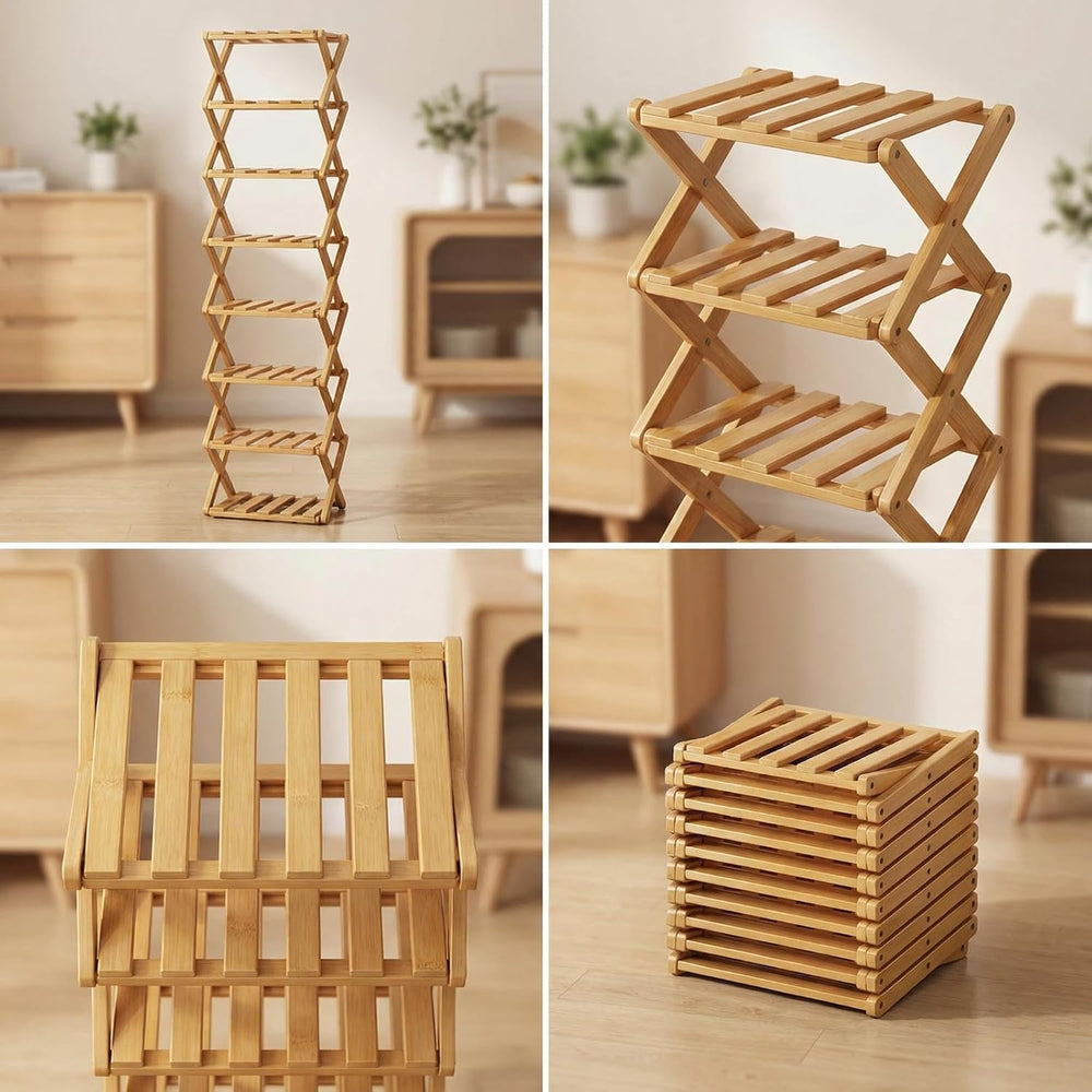 Foldable Bamboo Shoe Rack, 9-Tier No Assembly Shoe Organizer, Space-Saving Fr...