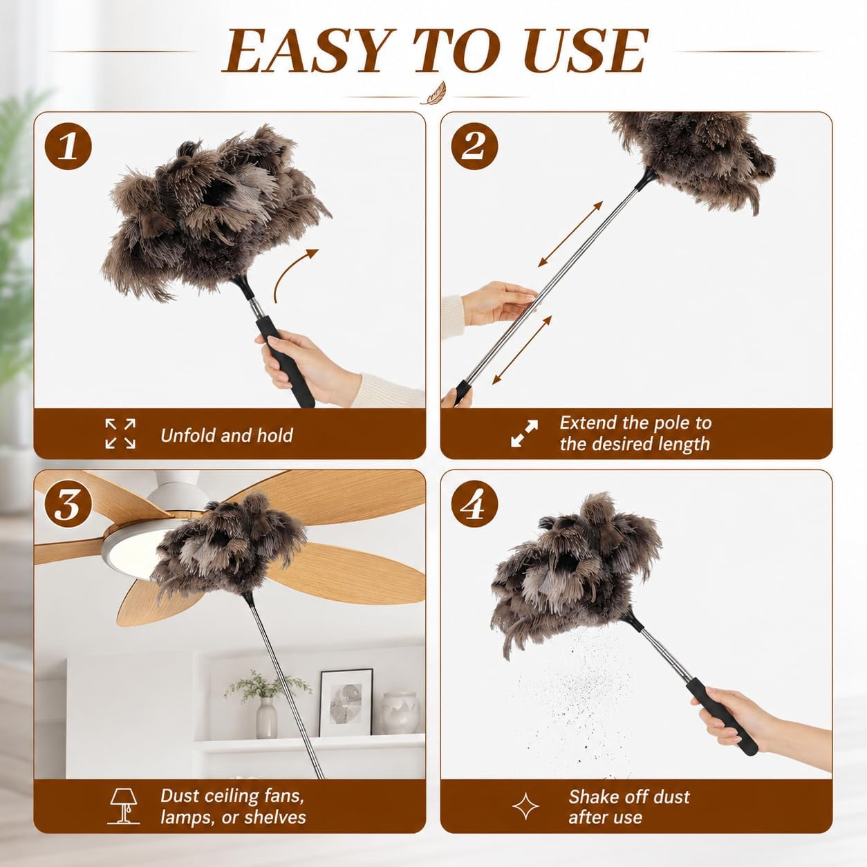 Ostrich Feather Duster for Cleaning, Extendable 17 to 40 Inches Fluffy Duster, Ideal for Ceiling Fans, Lamps, Blinds and Furniture