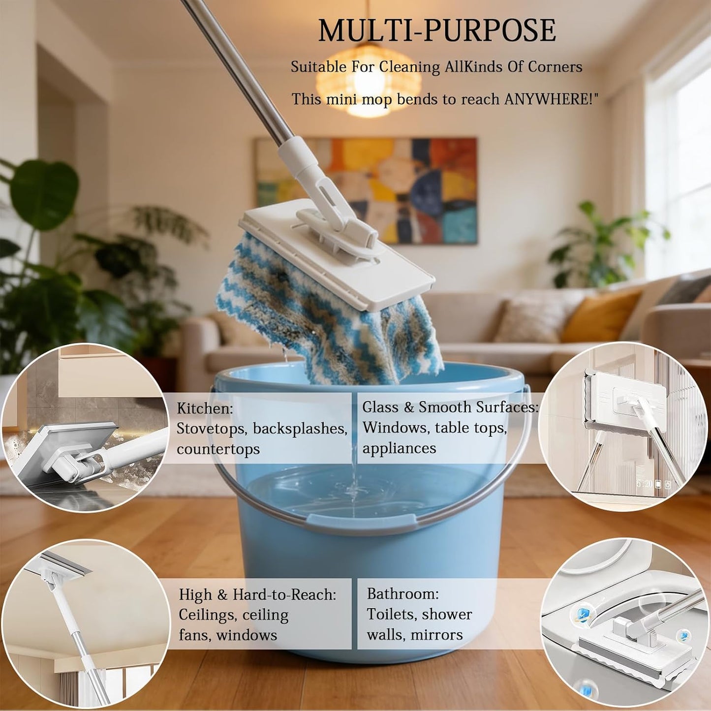 Quick Grip Mini Mop, Zero Touch MiniMop, Disposable Clip Mopstick Reusable Cloths, Retractable Gap Dust Cleaner Flat Mops with Locking Head & Sweeping Cloths (1*mop+10*Cloth)