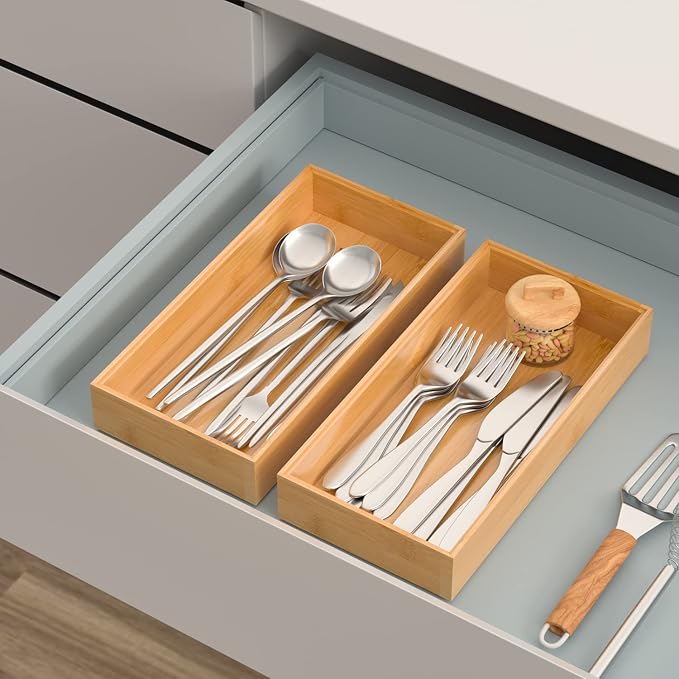 Silverware Tray for Drawer, Stackable Kitchen Bamboo Drawer Organizer 12" x 6" - Image 3