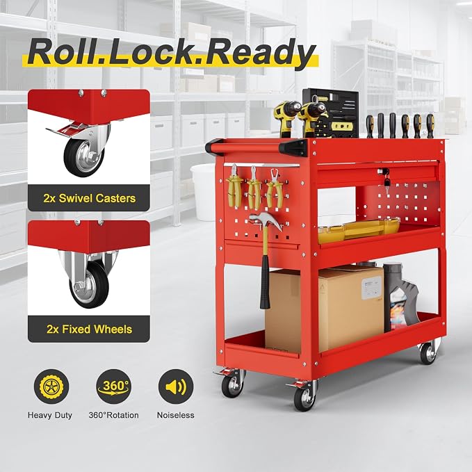 3-Tier Rolling Tool Cart with Drawers, Heavy Duty Utility Storage Cart with - Image 4