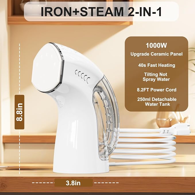 Steamer ＆ Iron 2 in 1 for Clothes, Ceramic Panel, Intelligent Chip Controls - Image 3