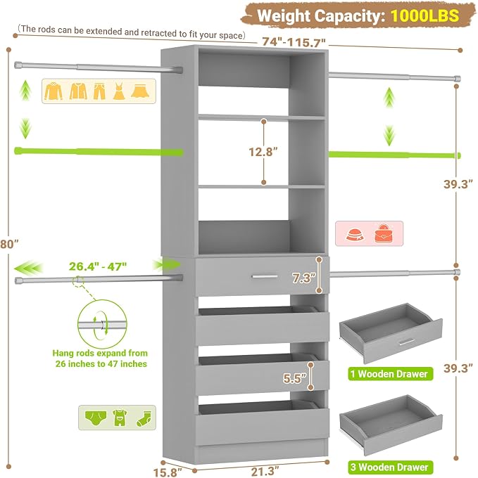 Aheaplus Closet System, 4-9Ft Closet Organizer - Image 7