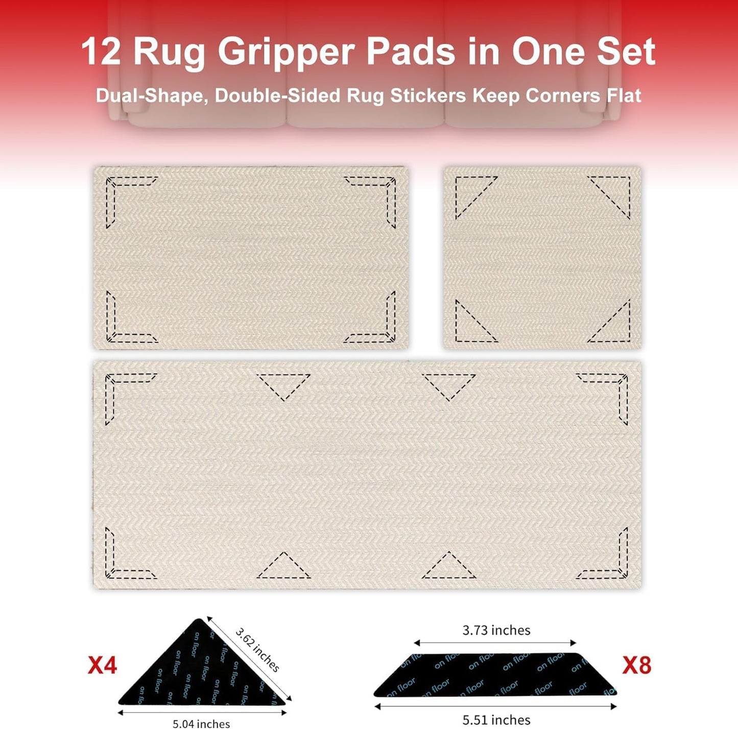 12Pcs Rug Gripper, Double Sided Carpet Tape for Area Rugs, Non Slip Rug Pads Grippers for Hardwood, Tile and Laminate Floors, Rug Corner Grippers for Preventing Curling and Bunching, Black