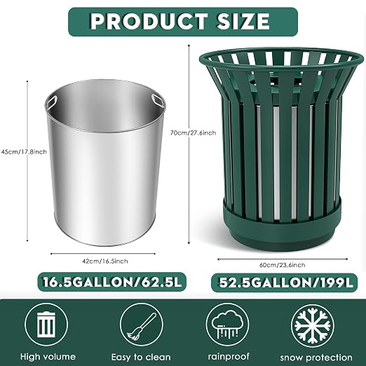 16Gallon/62L Commercial Outdoor & Indoor Metal Trash Can, Outdoor Slatted Trash - Image 3