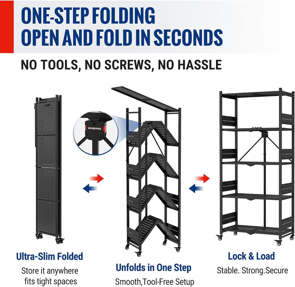 WORKPRO 5-Tier Folding Shelf, No-Assembly Metal Storage Rack with Wheels, 750...