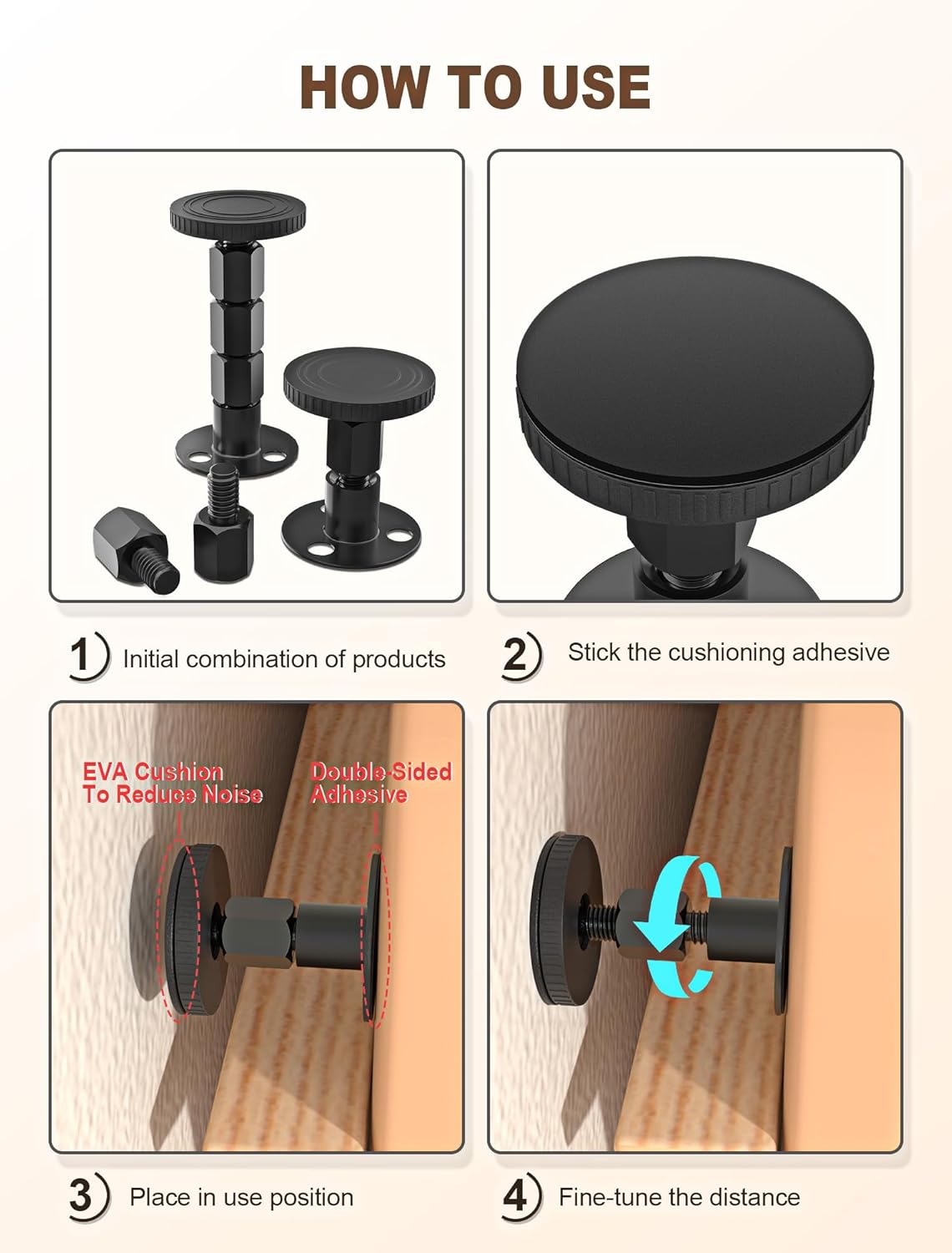 4PCS Adjustable Threaded Bed Frame Anti-Shake Tool, Upgraded Headboard stoppers with Free Furniture Pads, Easy Installation Bedside Anti-Shake Tool for Headboards, Cabinets and Sofas, 1.18-4.13in