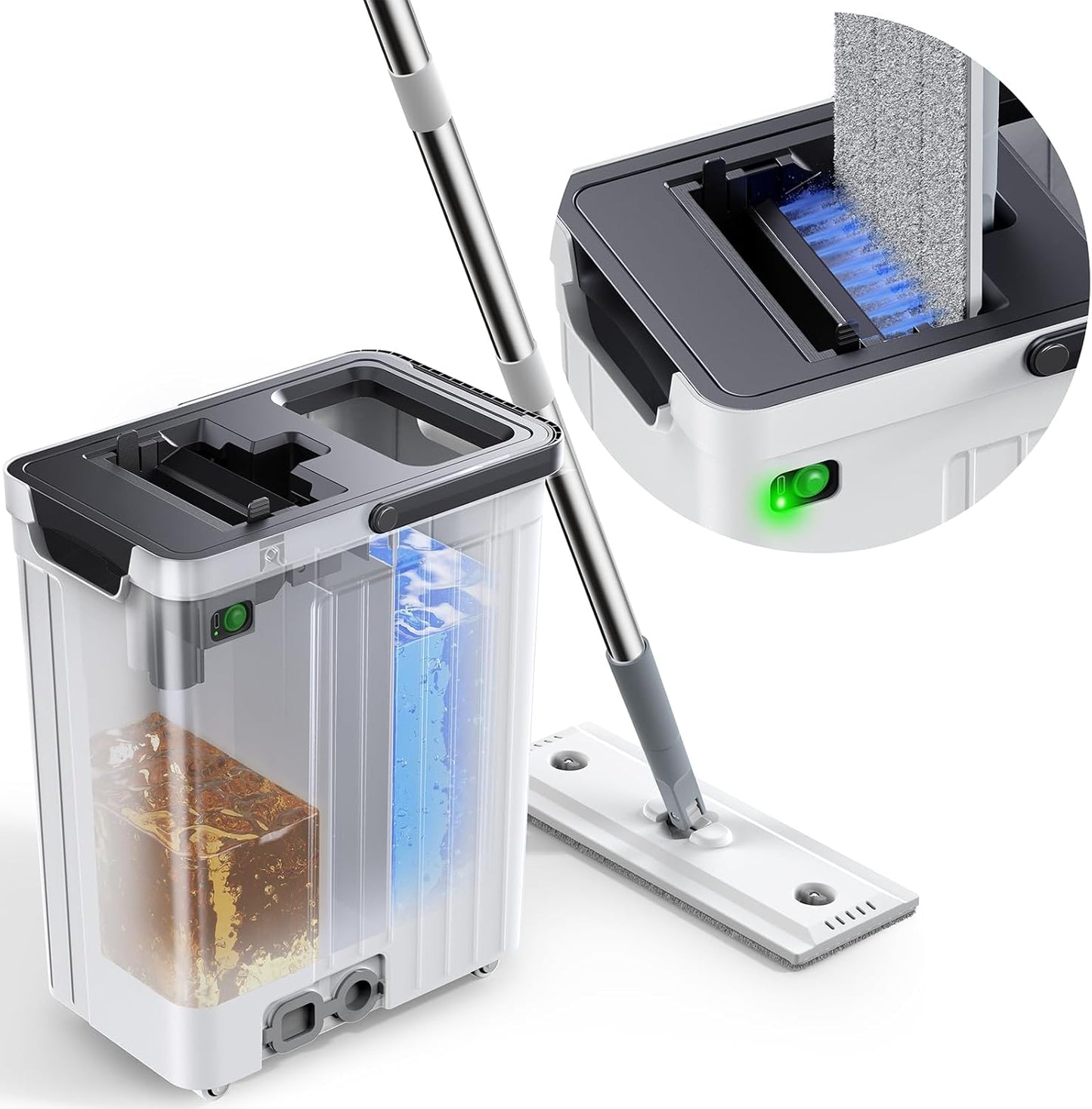 Mop and Bucket Set | Auto-Spray Cleaning | Dirty Water Separation Keep Water Fresh | Flat Mop & Bucket with Wringer | 3x Washable Pads | High-efficiency Cleaning for All Floors Tile Wall Window