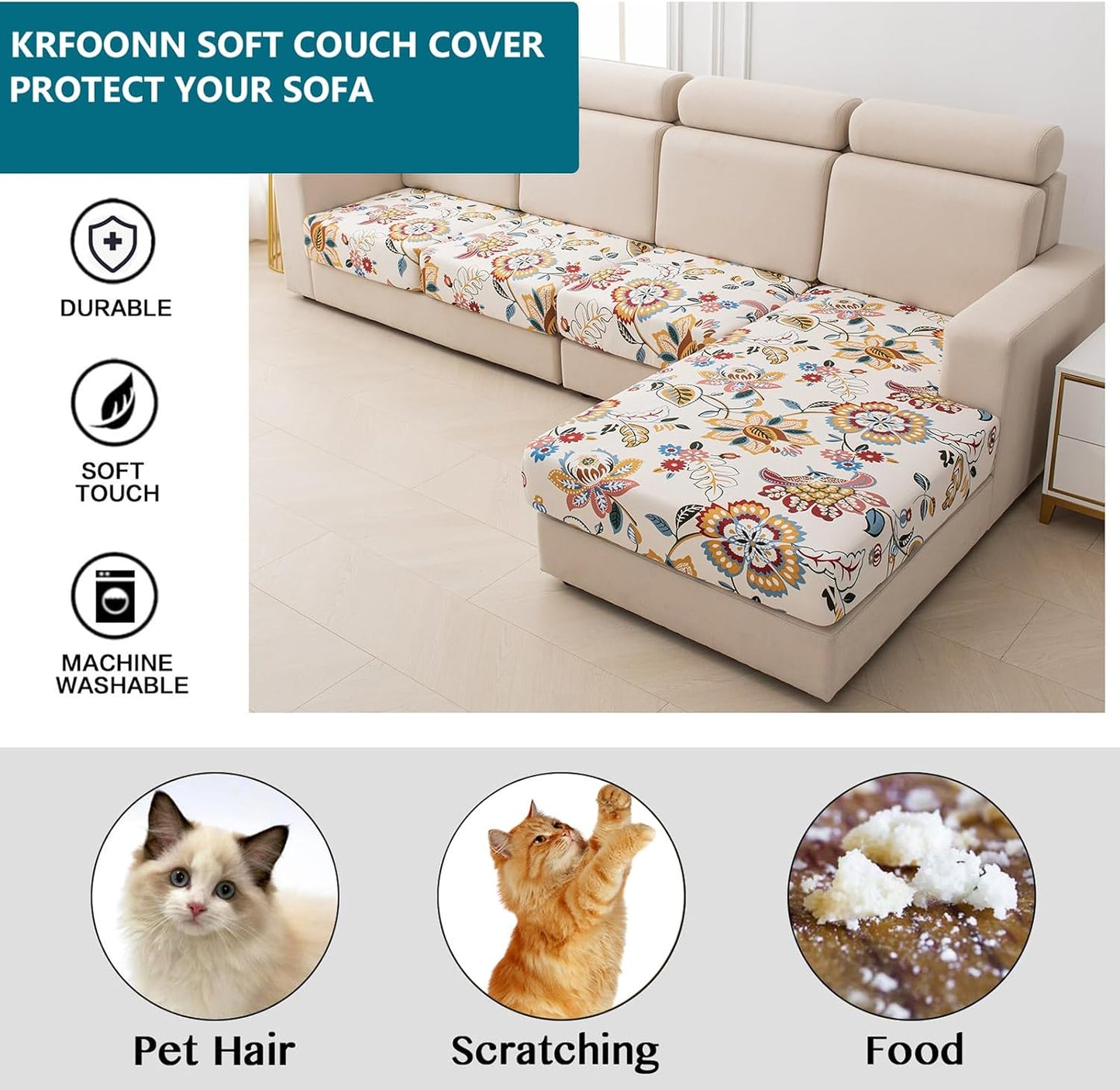 KRFOONN Waterproof Couch Cushion Covers Stretch Seat Cushion Cover Sofa Covers Washable Separate Sectional Sofa Slipcover Furniture Protector with Elastic Bottom (3PC Seat or Backrest Cover, 03)