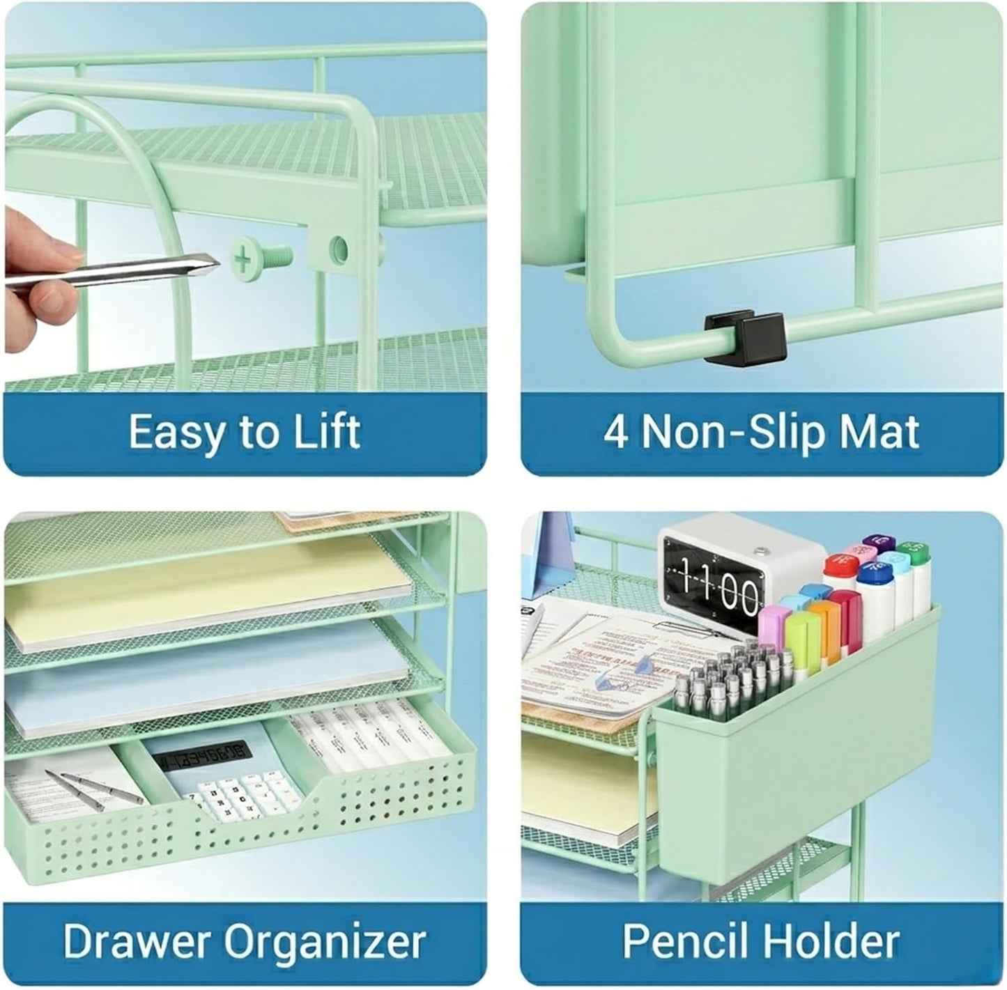 ECOLOVI Desk Organizer, 4-Tier Paper Organizer Letter Tray with File Holder, Drawer and 2 Pen Holders, Desktop File Organizer for Office Supplies, Workspace Storage, Green