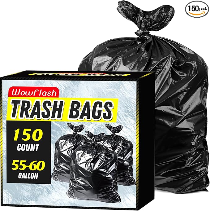 150 Count 55-60 Gallon Trash Bags, Sturdy & Tear-Resistant Commercial Can by Wowflash